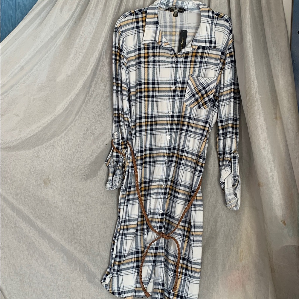 Plaid Mini Shirt Dress in White, Navy & Tan